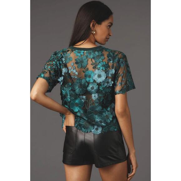 NWT Anthropologie Dolan Coast Flower Appliqué Sheer Green Romantic Tee Small - Picture 3 of 10